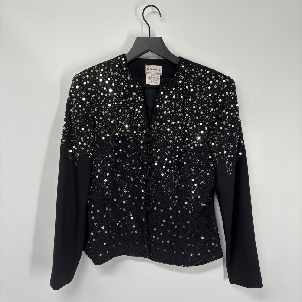 Vintage Stenay Womens Black Sequin Beaded Jacket Size 6 Blazer Formal Evening‎